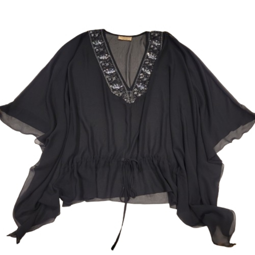 Collections by Tall Girl Sheer Embellished V Neck Evening Top Black 1X - Picture 3 of 9
